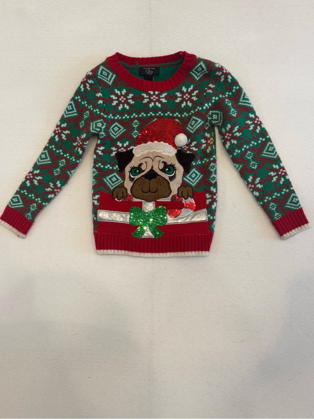 It's Our Time Red & Green Pug Holiday Sweater - Kids